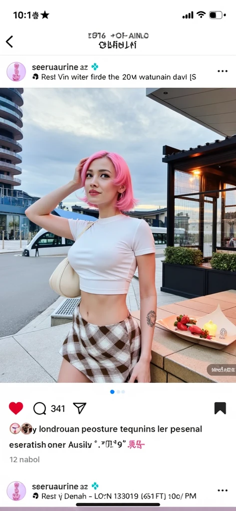girl 21 years old, short shoulder-length hair, pink hair color,