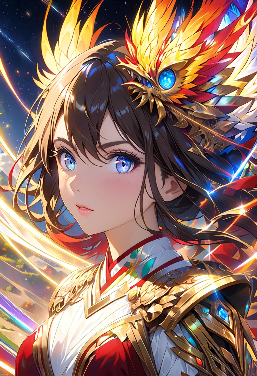 (masterpiece, Top Quality, Top Quality, Official Art, beautiful and sophisticated:1.2), (1 girl), extremely detailed eyes, (Fractal art:1.3), colorful, Most detailed, (perfect face),  shiny skin, high resolution, ( armor and 、gold line :1.2), galaxy, (Streaks of light), Impressive Footage , (dynamic stripes, Shining Trail:1.2), bright colors, (Phoenix), (dragon)