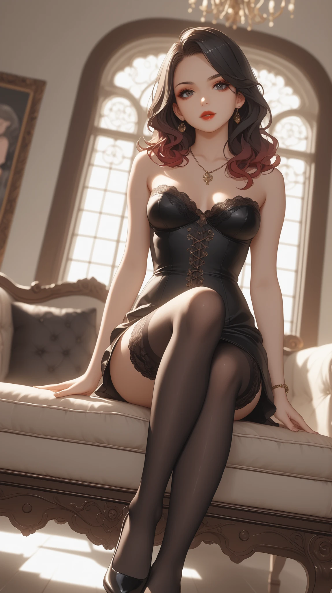 Cheerful smiling face,((satin, a Corset, tight satin panties, Collar)),(RAW photo, best quality, masterpiece:1.2), (Sharp Focus: 1.3),(Beautiful Woman with Perfect Figure: 1.4), (Slim Stomach: 1.2), (Wet Body: 1.5), (Very Detailed Face and Skin Texture), Detailed Eyes, Double Eyelids, Long black hair, hair length down to ankles,(NSFW:1.3),(Full Body:1.5),(cute face:1.3),(huge breasts:1.3),(high-heels:1.3),(big hips1.3),(medium thighs:1.3),(Random Dresses and color:1.3),(Beautiful and perfect facial features:1.3),(Beautiful detailed eyes:1.3),(Natural Color Lips :1.3),(Beautiful face: 1.3),(Her glossy and textured lips: 1.3),(Smooth skin texture: 1.3),(earrings: 1.3),(Beautiful detailed eyes: 1.3),(Natural Lip Color: 1.3) ,( Expose your breasts:1.3),(Beautiful face:1.3),(look directly at the camera:1.3),(legs open:1.4),(stocking lace:1.3),(legs wearing lace stockings:1.4),(red stockings with black rose pattern:1.4),(breasts slightly exposed:1.3),(cleavage of the breast:1.3),(lipgloss:1.3),(very long earrings:1.4),(wearing three stacked diamond necklaces with large pendants:1.5),(Desert_sunset_background:1.4),(day light:1.3)