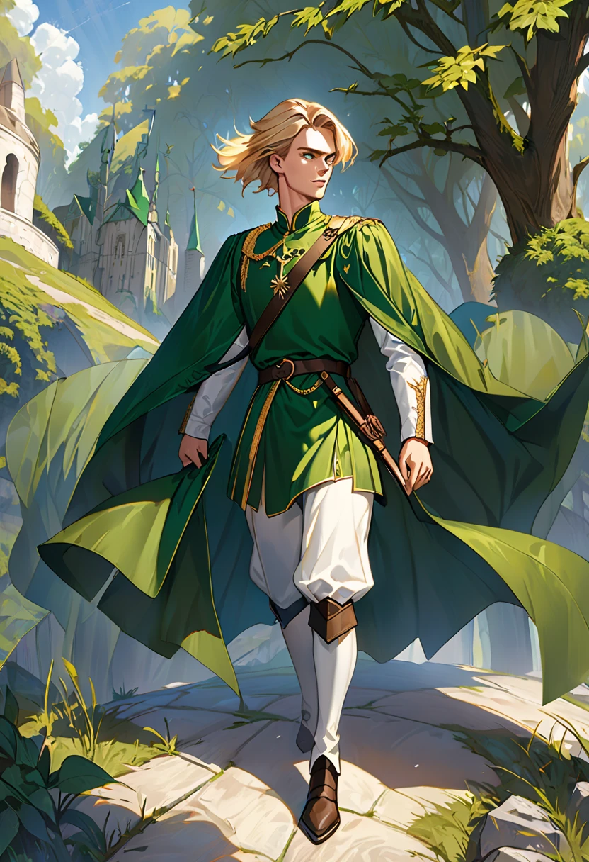 Neels Visser is a golden blond haired prince , Wearing moss green medieval military uniform,  looking ahead with sharp emerald green eyes. full body, by Greg Rutkowski