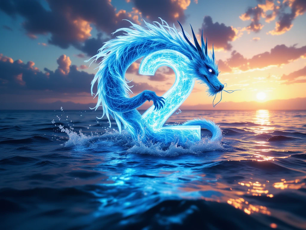 (Top quality, masterpiece, super detailed, high resolution), SEAART.AI logo, photo of the sea, ((a large letter "2" in the background), ((a large water dragon in the background), celebration, very happy, happy occasion,