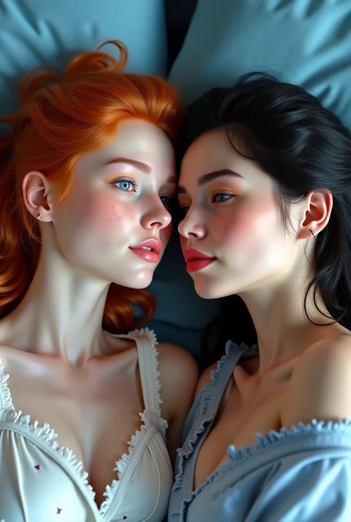 ultra realistic, photography, two girls: one with long straight red hair, (24 years old, hourglass figure, perfect body, natural medium breasts), the other one: long black straight hair, (30 years old, hourglass figure, perfect fit body, natural big breasts), they are naked, top down POV on the sitting on the floor, with their mouths open, sticky white translucent liquid on their faces