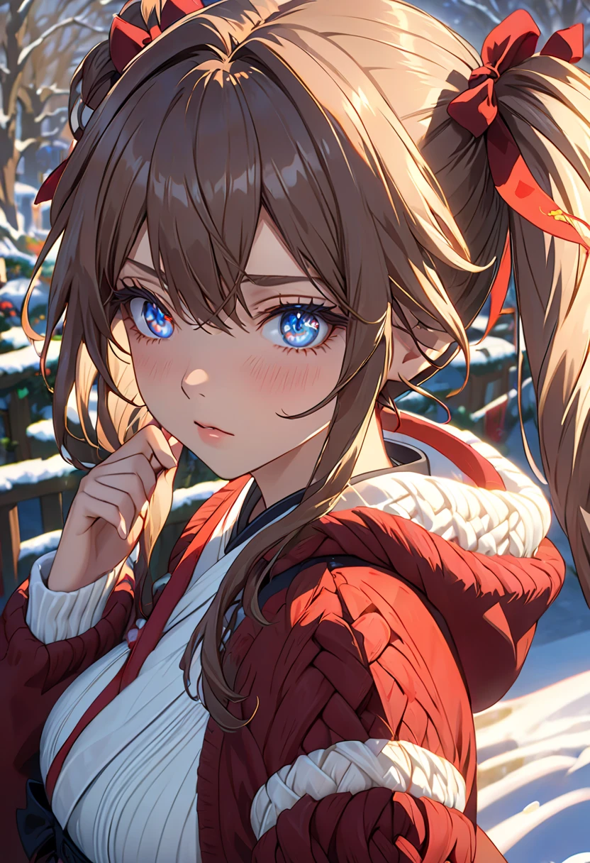  starlike eyes ,  Immortal , stupid hair, hair, Star-shaped pupil,  ambereyes , colored contact lenses, , High detail, anime, romanticism, 【Contemporary, Gothic art, anime style, Film Lighting, ray tracing, Motion Ry, close-up,  Sony FEGM , Ultra High Resolution, High detail, Top Quality, 8k, ???????????, light brown hair, villages with, twin tails,  clean your fingers , Well-formed fingers, long jacket, ribbon, mystery, knitted villages with, snow, anger, impatience