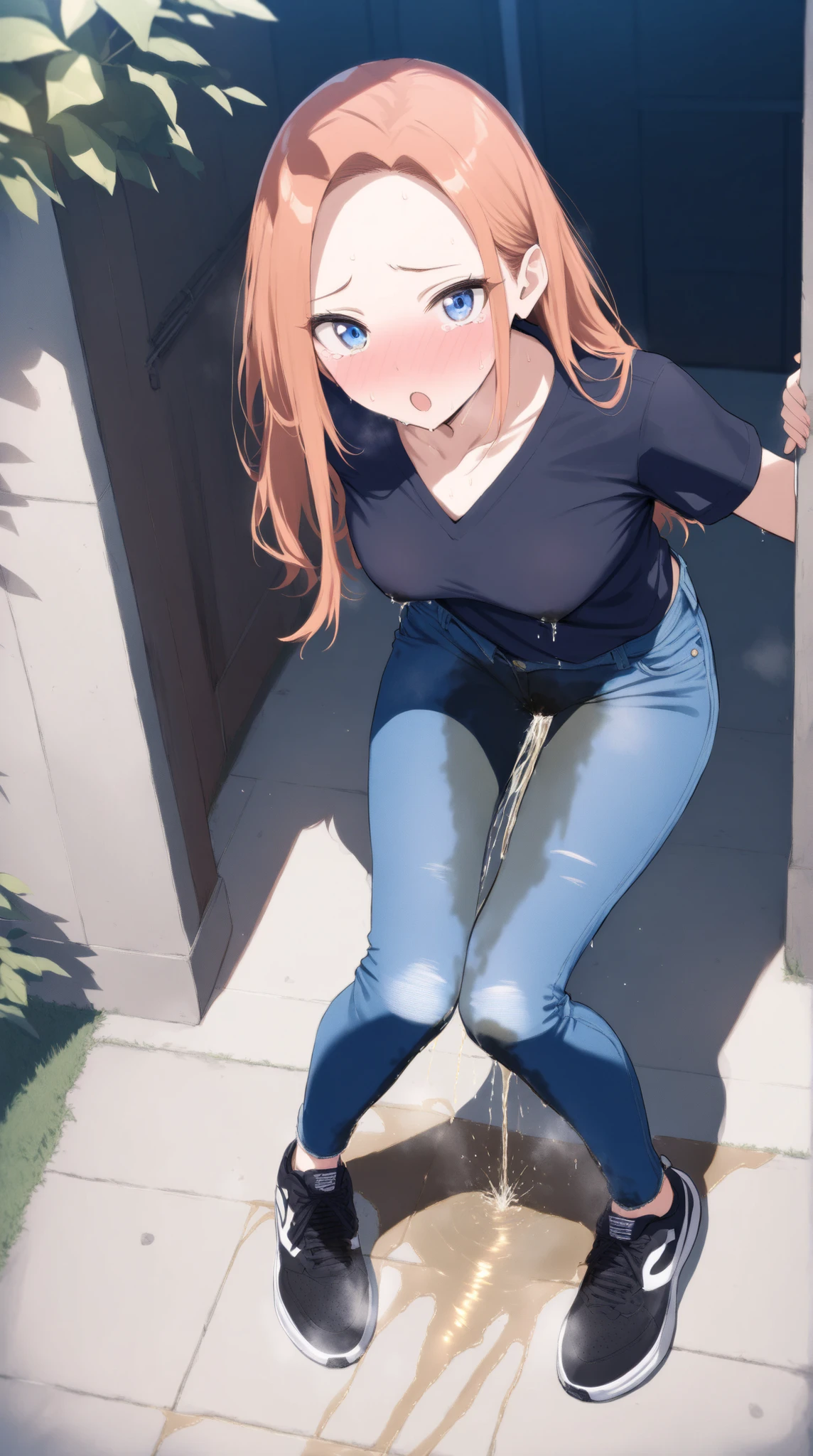 1girl, youthful female, blue eyes, long hair, ginger hair, forehead, (lactation), medium breast, skinny body, (wetting herself), (desperation), large wet pee stain, pee stain visible on her pants, (blue denim skinny pants), dark blue t-shirt, v-neck, black sneakers, looking at viewer, outdoor setting, :O, full body, Fashion photography, masterpiece, best quality, high score, great score, absurdres