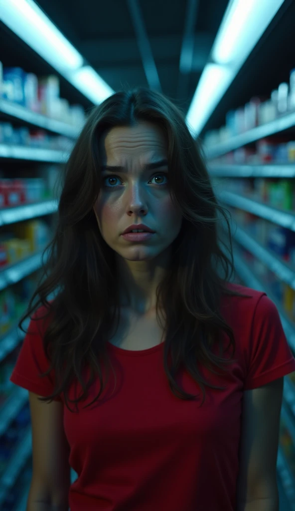 The image depicts a woman in a store, with an expression of intense ...