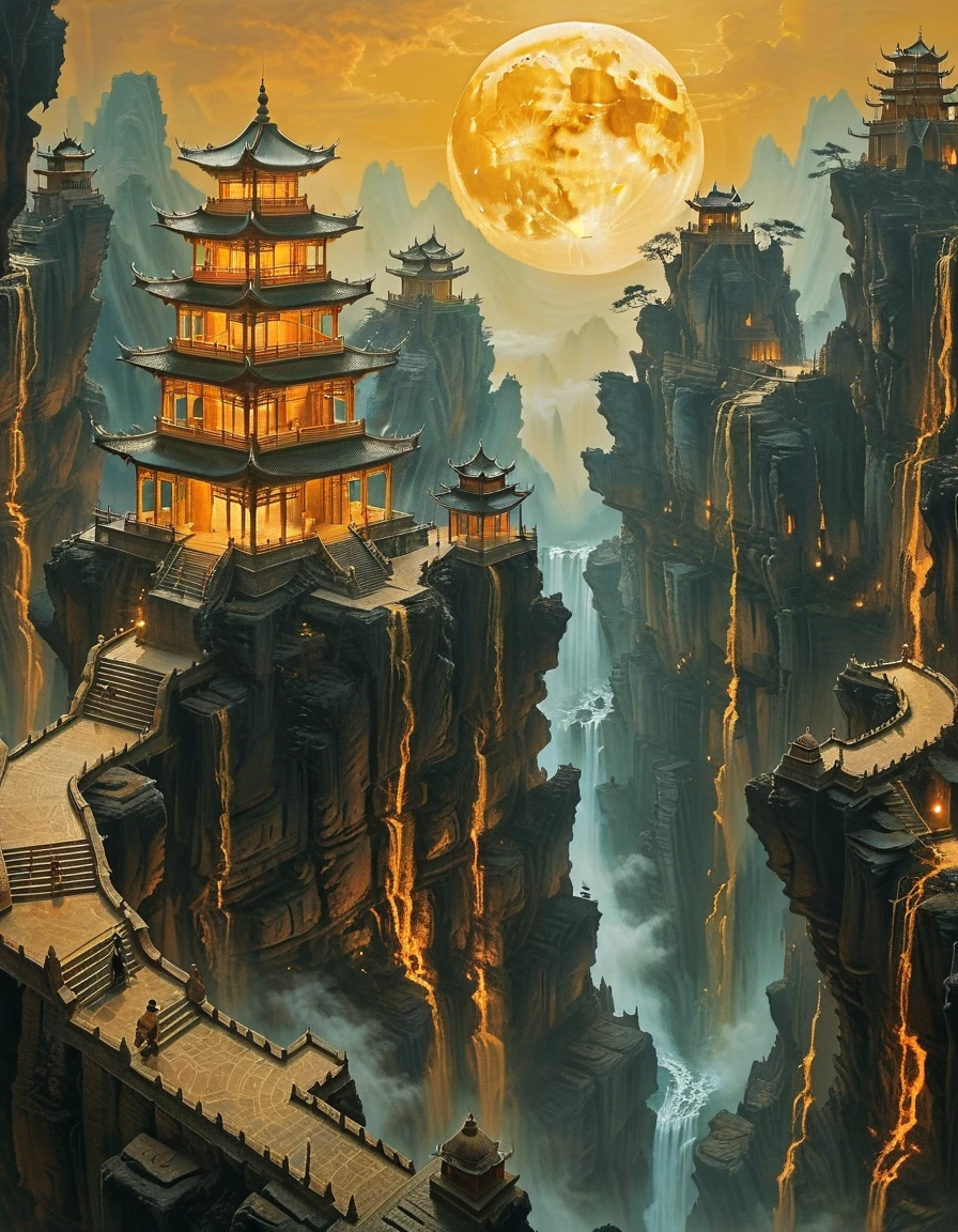 Panopticon Octavio Ocampo: A lone figure stands on a grand staircase, facing a massive golden moon adorned with swirling patterns and architectural forms. Misty pagoda-style structures rise from towering cliffs, blending into the dark, mysterious landscape. The scene evokes a celestial, spiritual journey into the unknown.