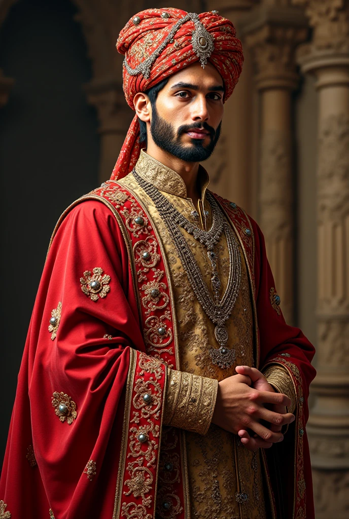 "A young good looking 16th-century king wearing regal attire with a Sindhi cultural touch. His clothes should be intricately detailed, blending traditional 16th-century royal clothing with Sindhi patterns, embroidery, and textile styles, including a turban or crown adorned with jewels. The king's robes should feature rich fabrics, including vibrant colors and intricate designs typical of the period, with a touch of Sindhi craftsmanship such as mirror work or thread embroidery. The first pose is a full front-facing portrait, showing the king in all his regal attire, exuding authority and nobility. The second pose is a full side profile, emphasizing the king's facial features and the flow of his ornate clothing. Make sure the full body is visible in both poses, without cutting off any body parts. The background should reflect a historical setting, with a royal atmosphere fitting the era. Both poses should have a sense of elegance and power, highlighting the unique blend of 16th-century and Sindhi royal influences."