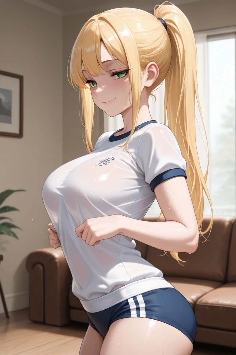 1 girl,long hair, bangs, ponytail, blonde, crimson,green eyes,gym clothes,beautiful body,sexy,sensual,Living room stage,Exprecion smug and confident smile,sexy pose,side view,8K,masterpiece,rainy day scenario,blushed face,half naked
