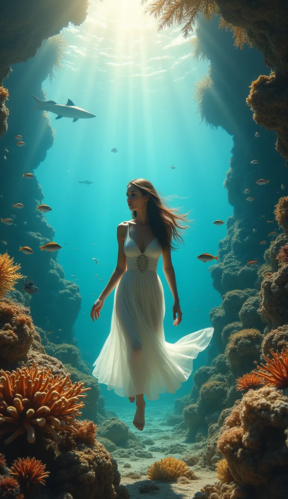 A majestic woman glides effortlessly through the crystal-clear waters of a vibrant coral reef, her serene expression and gentle movement hypnotic as she's surrounded by a kaleidoscope of sea creatures. A sea turtle glides alongside her, while schools of tropical fish dart in and out of the frame. In the distance, a shark lazily swims through the scene. The sunlight filters down from above, casting a warm glow on the coral formations and illuminating the woman's detailed facial features. The underwater atmosphere is filled with the gentle sway of sea fans and the soft rustle of seaweed. Framed by a dramatic sea alley, this 8K, HDR image captures every detail in photorealistic precision.
