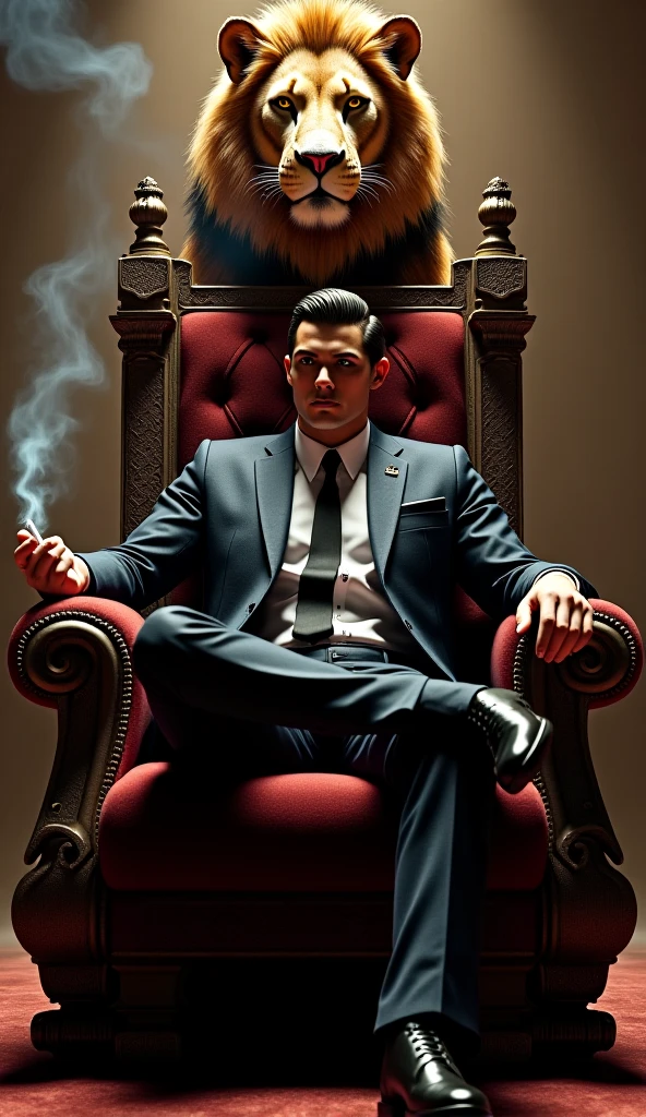 রোনালদো রাজার মতো চেয়ারে বসে আছে তার হাতের জ্বলন্ত একটা সিগারেট চেয়ারের পিছনে সিংহ দাঁড়িয়ে আছে 