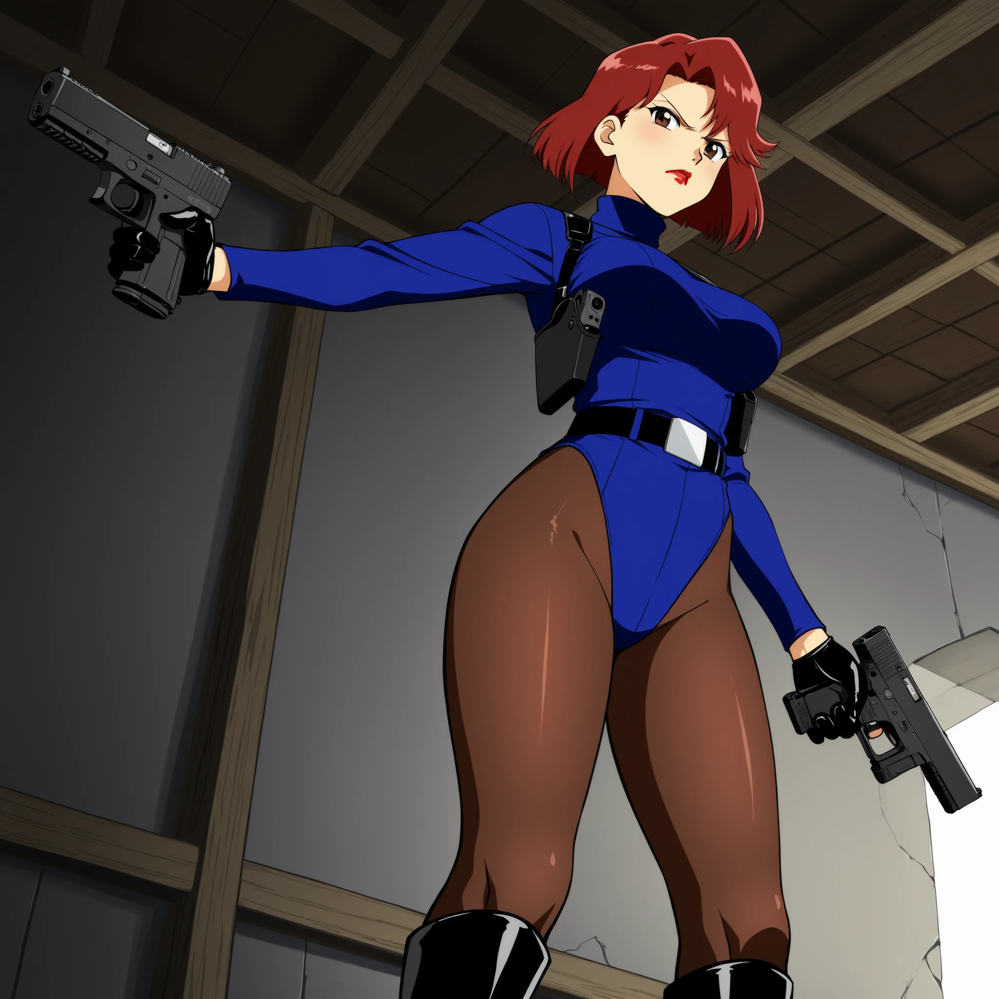 ultra-detailed, Explicit, Beautiful body, Beautiful Nose, Beautiful character design, perfect eyes, perfect face, ultra highres, 4K, beautiful legs, perfect legs, Nice hands, Perfect hand, Masterpiece, Best Quality, Highly detailed, illustration, absurdres, street fighter, doll suit, shadaloo doll, dollsuit, expressionless, blank eyes, looking at viewer, red gloves, emotionless, black latex, corrution, mind control, female combatant, full body, hypnotized, unhappy trance, full body suit, ribbed bodysuit, both arms at side, obey, perfect female body, extremely glossy latex, hypnosis, hypnoLora, empty eyes, Mind control device, poses, submissive_pose, Slave, hat, necktie, stand up straight, standing, standing at attention, hat, necktie, belt, latex, ribbed bodysuit, thighhighs, garter belt, Fighting Stance, extending the right arm from the shoulder into the air with a straightened hand, nazi saluting, military, military saluting, salute, thigh boots, 1girl, emma sheen, GUNDAM Z, brown hair, green eyes, medium hair