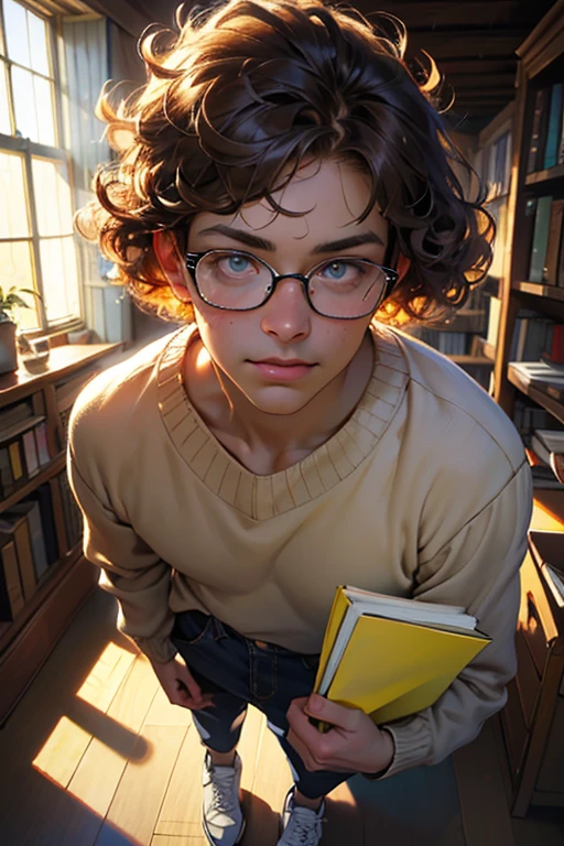 1male, masculine, 26 years old, late twenties, white male, messy light brown curly hair, untidy curls, big doe-like hazel eyes, geeky glasses, shy expression, freckles, slightly crooked smile, biting lower lip nervously, cozy slightly wrinkled sweater, corduroy pants, worn-in sneakers, holding a book under his arm, standing in a library, surrounded by tall wooden bookshelves, warm ambient lighting, soft sunlight through windows, quiet academic atmosphere, semi-realistic painting style, detailed textures, visible brush strokes, matte finish, (EyesHD:1.2), (absurdres:1.2), best quality, masterpiece. (Maga, realistic), (oil painting in sfumato technique) (close up portrait)