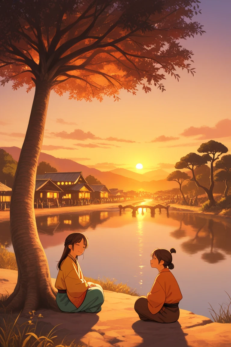 romantic African village scene at sunset, with two young lovers sitting under a giant baobab tree near a river, warm colors, traditional clothes, peaceful mood”