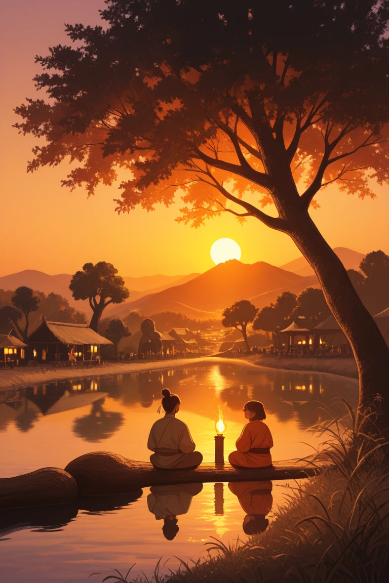 romantic African village scene at sunset, with two young lovers sitting under a giant baobab tree near a river, warm colors, traditional clothes, peaceful mood”