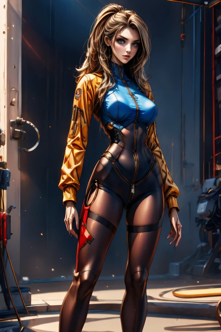 A full-body, ultra-detailed semi-realistic digital painting of a mature Croatian woman in her early 40s, with a tall, toned, elegant figure that radiates confidence and modern allure. Her proportions follow a 10-heads-tall fashion model silhouette, with a modestly full bust, narrow waist, long legs, and athletic posture. She stands with composed poise, one hip tilted, exuding refined strength. Her skin is light beige with a golden undertone. Her facial features are intensely sharp—extremely high cheekbones, a long, narrow aquiline nose, and a pronounced, angular V-line jaw that sharply tapers to a defined point. Her eyes are deep-set and narrow, stretched slightly upward with slanted outer corners, fox-like in shape. Her brows are arched and strong, enhancing her piercing gaze. Her expression is cool and composed, bordering on severe. Her lips are medium-thin with a pointed Cupid’s bow, colored in matte mauve. Her makeup is sculpted and strategic: metallic taupe eyeshadow sharply winged at the outer edge, smoked lower lashline, light contouring across jaw and nose bridge. She wears a minimalist race queen outfit: a fitted zip-up crop top in navy with silver panels and structural lines that follow her body. Her ultra-short asymmetrical skirt has clean navy-silver contrast with sponsor accents. Navy thigh-high boots with silver zippers and matching fingerless gloves complete the look. Her chestnut brown hair is sleek, straight, and waist-length, center-parted and flowing cleanly down her back without bangs or accessories. She stands at a modern racing venue with sunlit urban architecture and cool, directional shadows that sharpen her striking form. Masterpiece, best quality, semi-realistic, 8K resolution, cinematic lighting, hyperrealistic portrait, finely detailed.