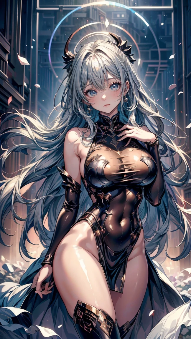 Silver hair, pink eyes, body, cat ears, sexy girl, earrings, cloud and sun background, hair bows, princess oitfit