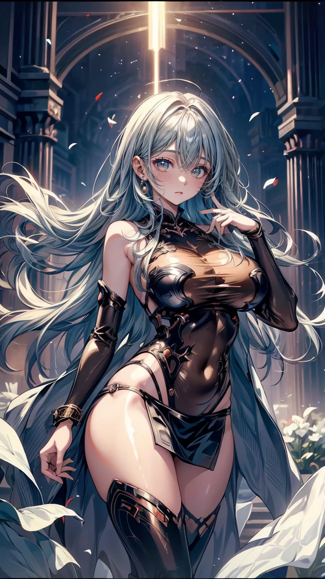 Anime Kawaii sexy Perfect Slim sensual body large breast and huge thighs, An intricate and highly detailed illustration of アニメ (). work of art, high qualiy, 4K, HDR, ancient castle, a one woman, marble texture, brick texture, feather texture, grumpy, looking ahead at viewer, gaping mouth, long hair, Blunt cut, Blunt bangs, silver hair, Red hair, two tone hair, Eyes red, anomalous eyes, blue colored eyes, jitome, pale skin, skin fair, toned body, voluptuous, curved, beauty brand, chifres vermelhos e pretos Spitzs na cabeça, a black halo above the head, with devil wings on his back, grown-up, dark fancy, fancy, comely, アニメ, Spitz, cowboy shot, facing the front, from front view, from low, low angle shot, moonlights, gothic fancy setting, medium breasts