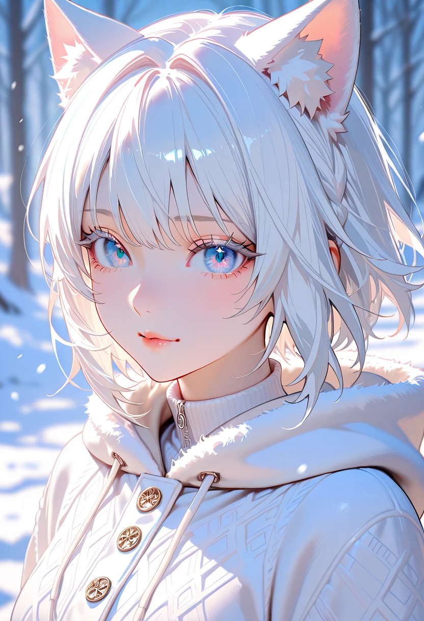 1 woman, short hair, white hair, white eyelashes, sparkling blue eyes, beautiful face, white cat ears, wearing a white winter outfit