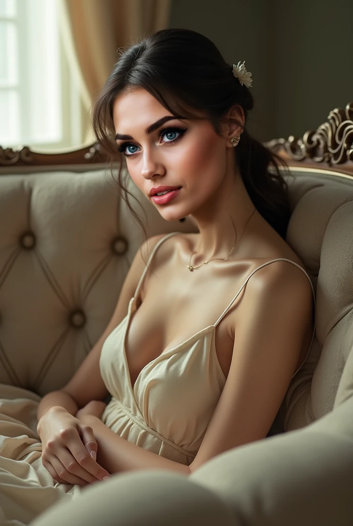 8K, RAW, best quality, masterpiece, ultra high res, colorful, portrait, (medium wide shot), (dynamic perspective), sharp focus, (depth of field, bokeh:1.3), extremely detailed eyes and face, beautiful detailed eyes. 
A captivating scene featuring a beautiful female character reclining on a luxurious sofa. She is wearing an elegant white dress that accentuates her figure, lying in a provocative and seductive pose. Her expression is alluring, with a subtle smile and inviting eyes. The scene is set in a tastefully decorated room with soft, warm lighting that highlights the curves of her body and the delicate texture of the dress. The setting and her confident pose exude both sophistication and sensuality.