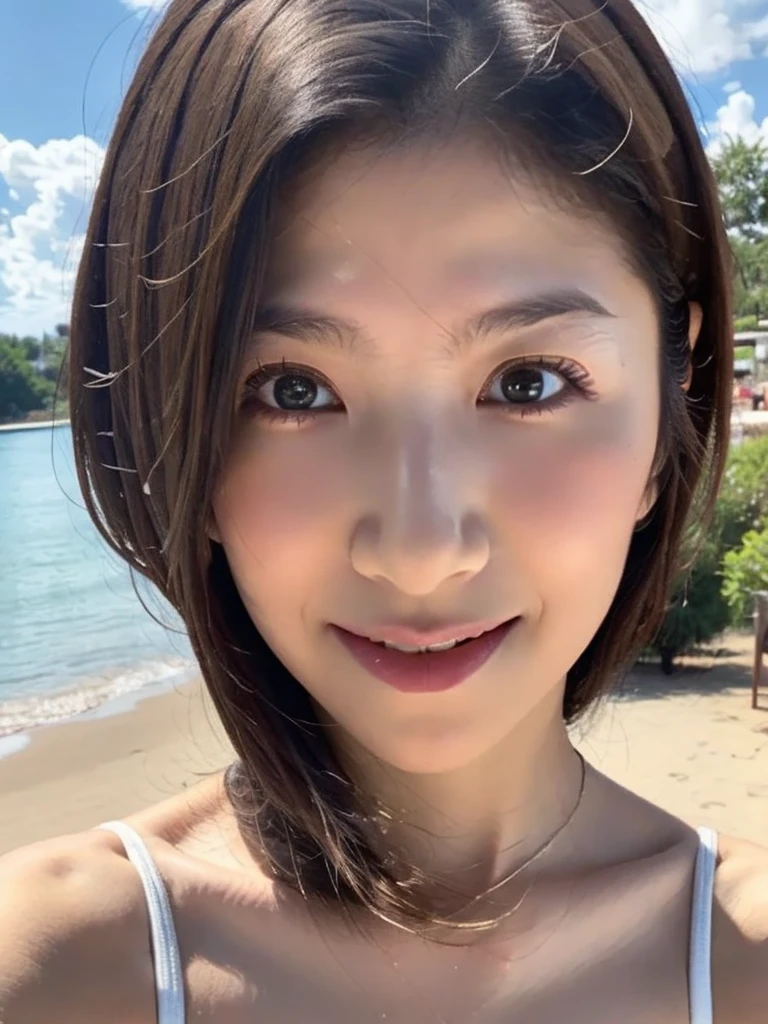 toppless.(((Jewelry Super Micro Bikini_Cupless Bikini))),(((Salon loincloth))).((top-quality、8K分辨率、Master masterpiece、Portrait:1.3)), (((Cowboy Shot))),Photorealsitic, tissue, 35㎜ film,((A MILF_femele:1.2)), 1 Japan Woman, Beautie, 45 yers old,Wrinkles at the corners of the eyes, slender,(a short bob), Seductive smile、naughty expression、Heavy breathing,(realisitic:1.7),(Sandy beach with sea view_outdoor shooting),during daytime,blue-sky