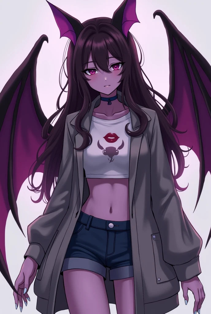 Uma mulher anime, bat wings, big boobs with big ass, long hair/medium brown messy parted down the middle, slanted and tired purple and black eyes black mouth with thorn piercing, no nariz um piercing, black croppet with a thorn accessory on the right arm, black wide cargo pants /dark purple, black nails with a SMALL flower tattoo on the arm and a small pink bracelet, black glove with purple, image from bottom to top, black background LOOKING AT ME WITH HATRED