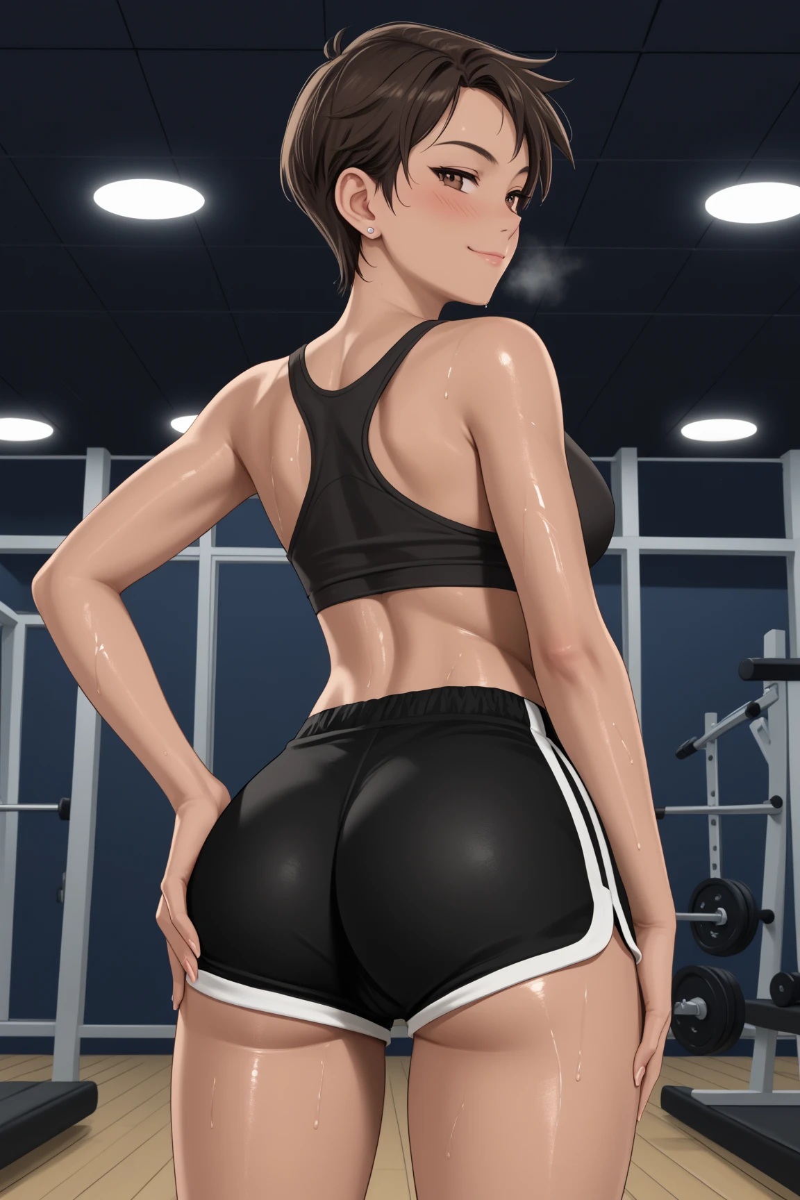 ((1girl, solo, (looking back, 1woman, alone), shiny eyes, orange tank top, white yoga pants, tight clother, muscular, fitness))) 1girl, milf, standing, sexy, ((standing, gym background, pose)), with gym equipment, mirrors, ShioriNishimura, dark skin, dark-skinned female, solo, mature female, milf, looking at viewer, happy, smile, kawai, blush, pink lipstck, brown hair, short hair, makeup, brown eyes, perfect eyes, perfect face, detailed face, healed