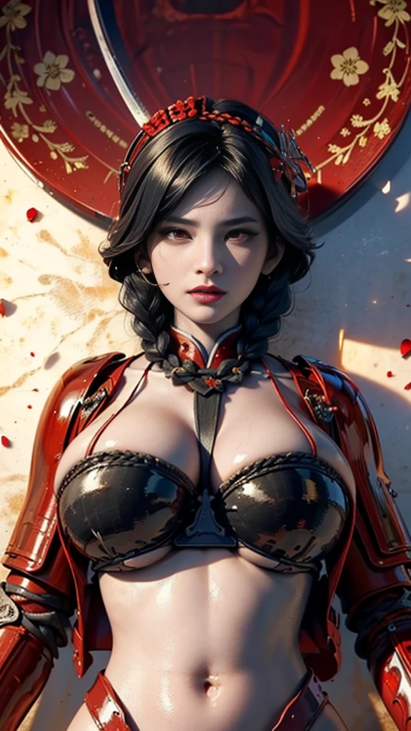 ((dynamic view)), (((1 bimbo girl:1.8))), ((open collarbone:1.5)) ((Bardot neck area:1.3)),  style, ((black, red and gold color palette:1.4)), anime style, (((Red dress:1.4))) (((Smoldering eyes))), ((black hair:1.5)), 8 K, 4K, unreal engine 5, Octane render, ((giant breasts:1.3)), trending on pixiv, ((open neck:1.7)) ((intricate details on the dress:1.4)), (((open shoulders:1.5))), fanbox, skeb, (((Long red sleeves:1.5))), masterpiece, ((Short dress:1.2)),(dent in the skin:1.4), ((decorated cuffs on sleeves:1.3)), (full lips:1.5), ((split:1.4)), (((sunset lighting))), smooth soft skin, big dreamy eyes, beautiful anime with wide eyes, black background, conceptual art, digital painting,