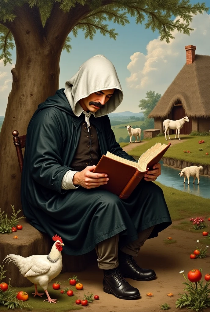 A man with mustaches and no hair on his chin or head covers his head with a white hat, wears a black cloak, sits in front of a tree next to a hut and reads a brown book with chicken, horse, goat, sheep, stream of water and fruits 