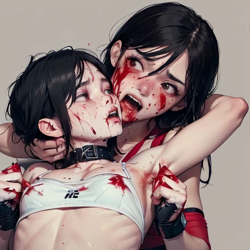 Naked. Slapping the opponent on the cheek. Dynamic combat action. Survival. Two young and beautiful Japanese female mixed martial artists in a match in the octagon. Their bodies are facing each other. They are covered in blood. They are out of breath with their mouths open, drooling, one eye closed. She is sweating profusely. Short-cut black hair. Omini-finger gloves. Erect nipples. Small breasts.