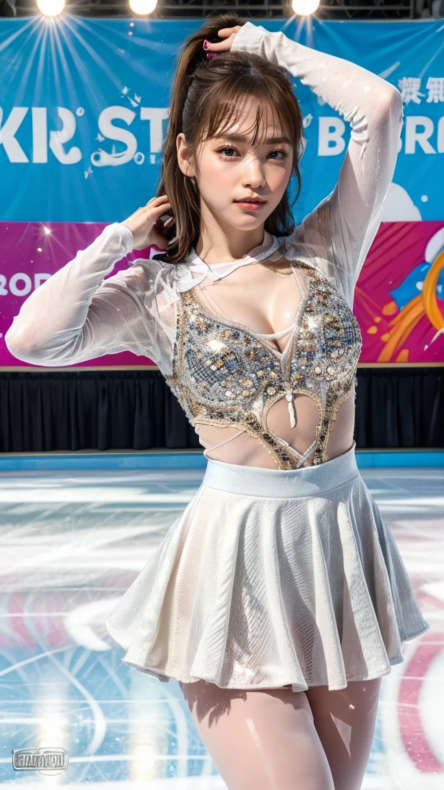 1 female、(super beautiful)、(beautiful face:1.6)、(detailed face:1.5)、(fine eyes:1.1)、(detailed lips:1.1)、(detailed nose:1.1)、(brown hair)、(Doing figure skating)、(she'He's the only one skating at the rink.:1.2)、(anatomically correct movements:1.3)、(Purple costume)、(White panties under the skirt:1.2)、(Clothes:1.5)、(skating rink with spectators)、(At SFW:1.5)
