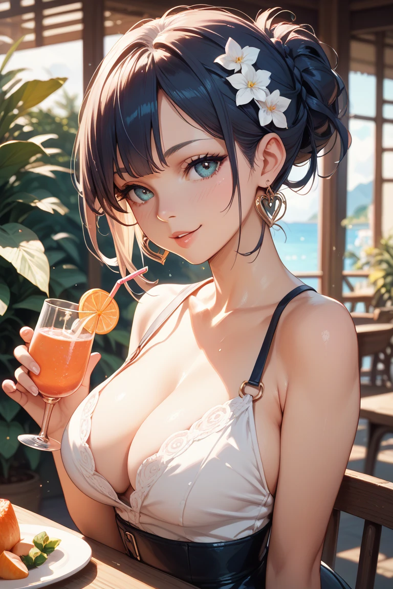 High resolution, high quality, One girl, Anime Girls,dark purple hair,short hair,bob cut,blunt bangs,dark purple eyes,heart shaped pupils,tareme,ahegao, Glowing Skin, Large Breasts,beautiful breasts,pointy breasts,long nipples, Big Ass,beautiful ass,Embarrassed,sweat,wet,open legs,Groin tattoo,glowing tattoo,Tank Top,pink highleg cheerleader,lower body,open legs,cherryblossom,at cafe,(lemon juice),(orange juice),(Pineapple juice),(Mango juice),(water),
