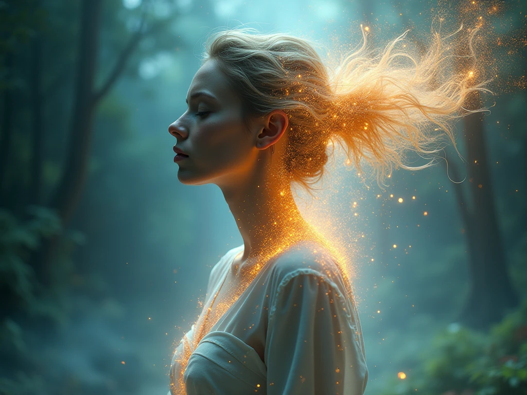 The human body begins to dissolve into particles of light, as her consciousness merges with the core. Her last memories float like holograms.

