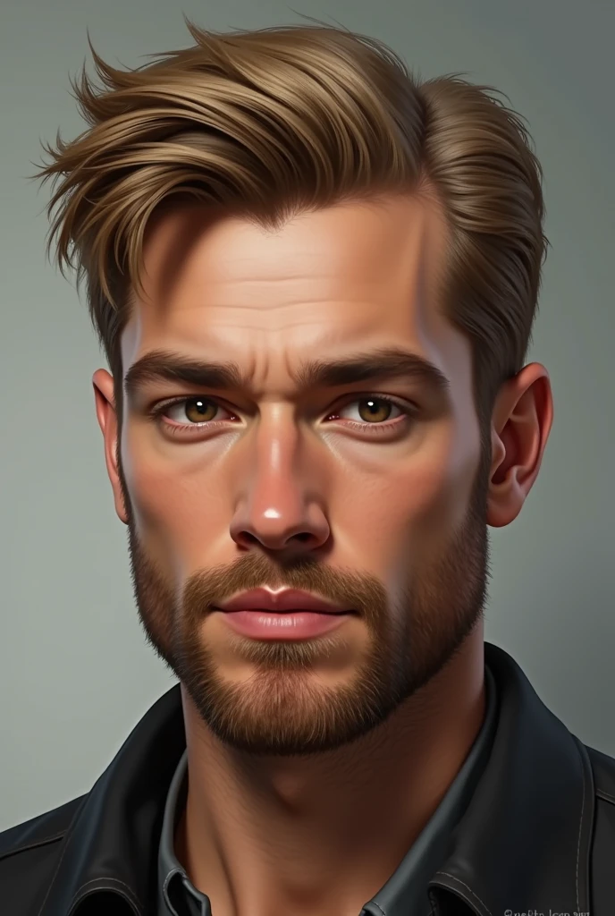 handsome boy , short blond hair color, brown eyes , with a closed beard , No entrance in the chin, Realistic Image