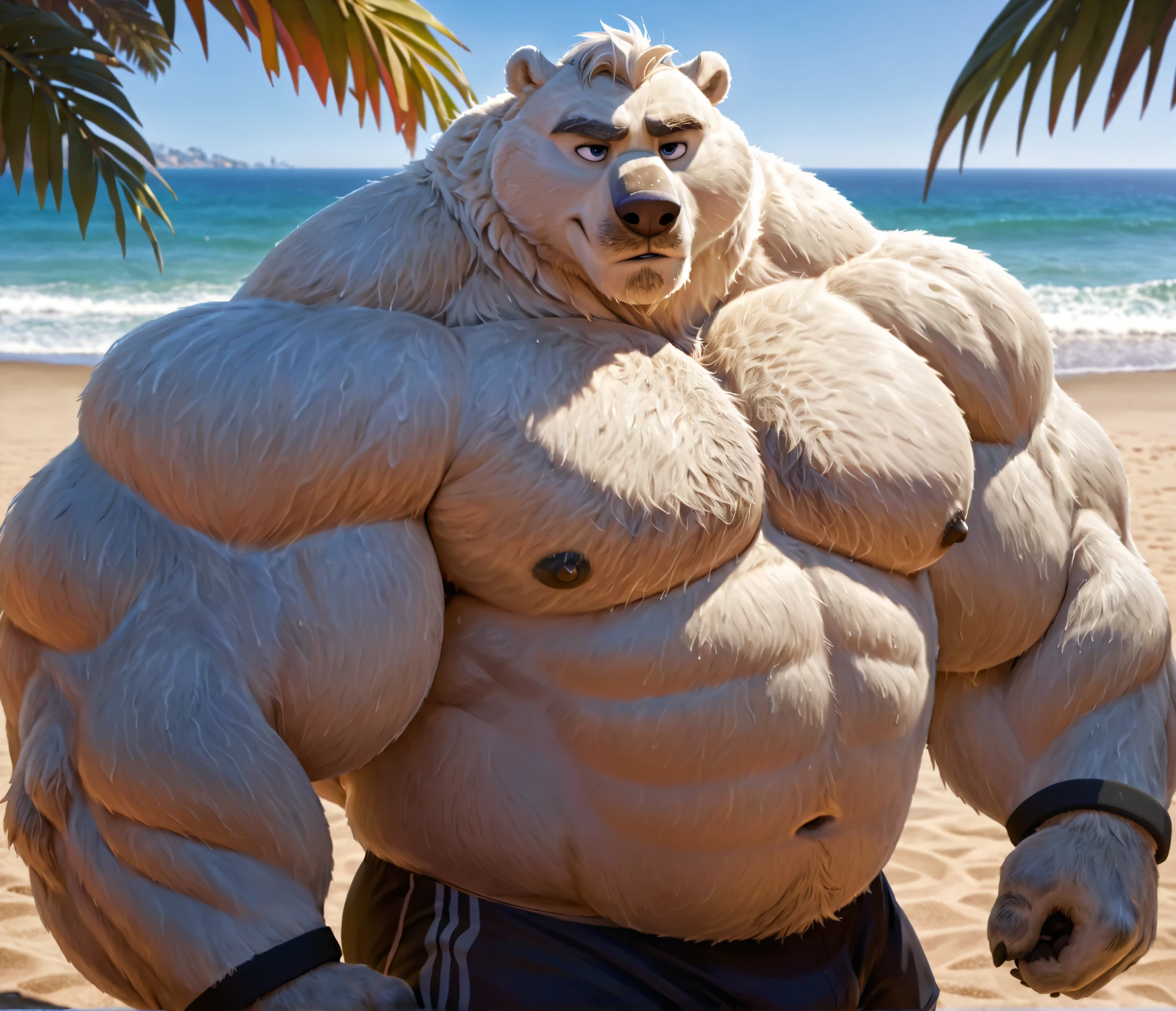 huge bulked up muscular polar bear in Californian beach, big grunting noise, big bulked up flexing body, polar bear, huge white fur, thick arm, huge arm, added gray mustache, added gray beard, short white hair, weight: 440lbs, (veiny bulked up muscular, pectoral, wide pectoral, thick bulky arms), Zootopia, 8k, masterpiece, detailed gray eyebrows, detailed blue eyes with blue pupils, (wearing black short trunks, wristbands, shirtless, topless, half naked and feet), flexing. Seeing how strong he is. Back arched. Shoulders up, roll forward. Elbows out. Forearms at a 30 degree bend. 