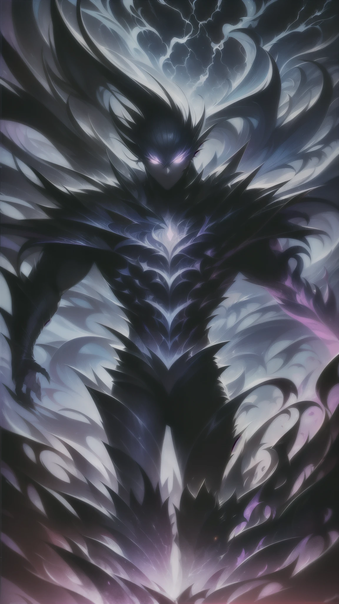 ((Masterpiece, Best quality, Ultra-detailed, 2D Anime Style, Manga Illustration)), Full-body, (Dynamic pose:1.3), (Epic composition:1.4), (Sung Jin-Woo, Solo Leveling in anime manga style), ((Short messy hair, cold, mysterious, extremely handsome)), (Wearing a long black coat fluttering dramatically, made of dark shadow material, matte with no patterns, absorbs light, emitting black aura), ((Glowing cold purple eyes, majestic expression)), (Dark shadows swirling around, forming ghostly figures of Beru, Igris, Tusk), ((Cloudy sky with thunder and lightning bursts, light reflecting on the coat)), (Battlefield in ruins shrouded in darkness), ((Powerful, mysterious, epic aura)), (High-resolution anime comic panel style, perfect for desktop/mobile wallpaper)