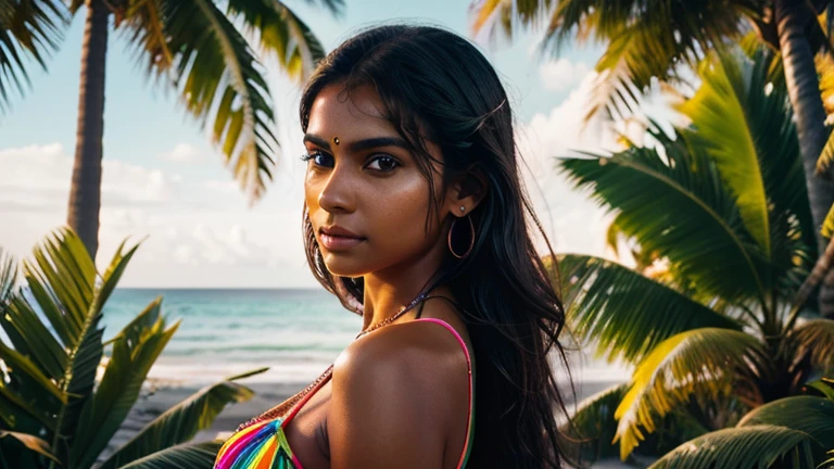 a 27 year old beautiful indian girl enjoys a seaside vacation in the Andaman Islands, her makeup reflecting the ocean's hues. Her beachy waves and sun-kissed skin epitomize coastal beauty.
Mood/Emotion: Relaxed, beachy, carefree.