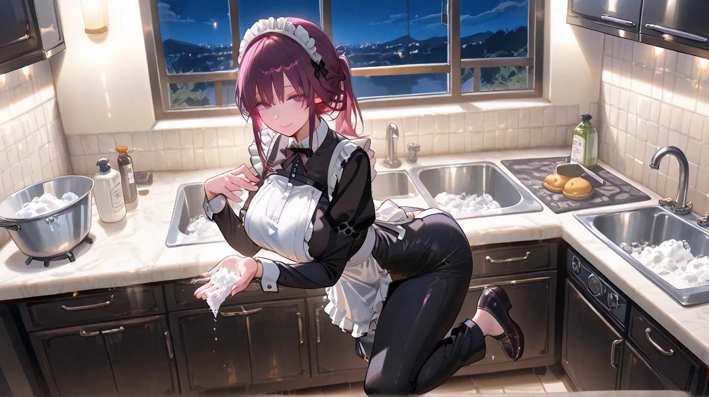 A maid, (in bathroom), various hair styles, night, details face, short skirt, seducing, sleeveless, maid uniform, armpits, laying on bath tub