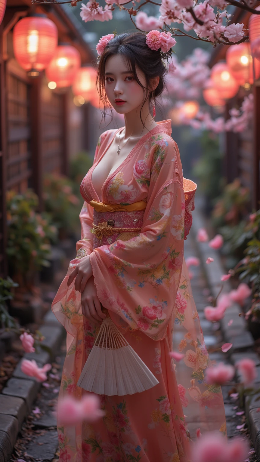 (masterpiece), (best quality), #AIYANA, ultra-glamorous, short height 150cm, absurdly massive breasts straining against an ultra-tight floral kimono, extremely wide voluptuous hips wrapped in a vibrant obi, impossibly tiny waist, flawless luminous white skin, standing elegantly on a stone path under glowing red lanterns in Kyoto night, alluring seductive gaze, body posed in dramatic S-curve, kimono delicately slipping off one shoulder, right hand gracefully holding a folding fan, left hand teasingly touching her overflowing cleavage, soft glowing sakura petals drifting around, vibrant pink and gold rimlight, surreal lighting, dreamlike atmosphere, mystical fairy presence, exaggerated curves, cinematic dynamic pose
