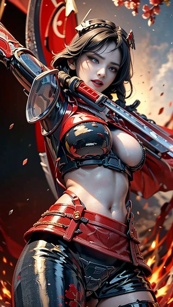 (1 Ultimate Beauty), Ultra-detailed顔, Fine brown eyes, double eyelid, Lips Detail, Short black hair, (Combat Uniform), smile, Thighs Thighs Thighs Thighs, Perfect lighting, (Photorealistic:1.4), (Ultra-detailed), (Highest quality), (Best Shadow), (masterpiece), Ultra-high resolution, With the Imperial fortress as a backdrop, In the background is a tall battle tower with a huge cannon., Detailed Imperial Star Super Dreadnought , Side view, High detail, Many Elements, flying conveyor, Flying Cargo Ship, crane, manipulator. Light of the sun, There are numerous gun emplacements on the sides., Distant future, She is surrounded by cyborgs and spider robots., Coastal forts bombarding ships, With a powerful sniper rifle, Gun barrel-mounted sights and knives, A huge French army on the march, Hundreds of devices, General Combat,