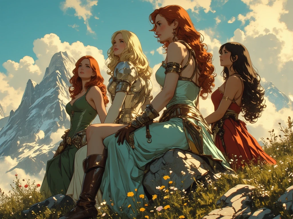 A heroic fantasy scene with one handsome male warrior sitting on a rocky hill, surrounded by three beautiful women. One is a redhead with wavy hair wearing a green corset dress, one is a blonde with straight hair in a flowing silver-blue gown and light armor, and the third is a dark-haired woman with a crimson dress and golden jewelry. They all look toward the horizon with a mix of hope and tension. The setting is a mountain peak with clouds, wildflowers, and majestic scenery. Vintage fantasy illustration style, romantic and epic.