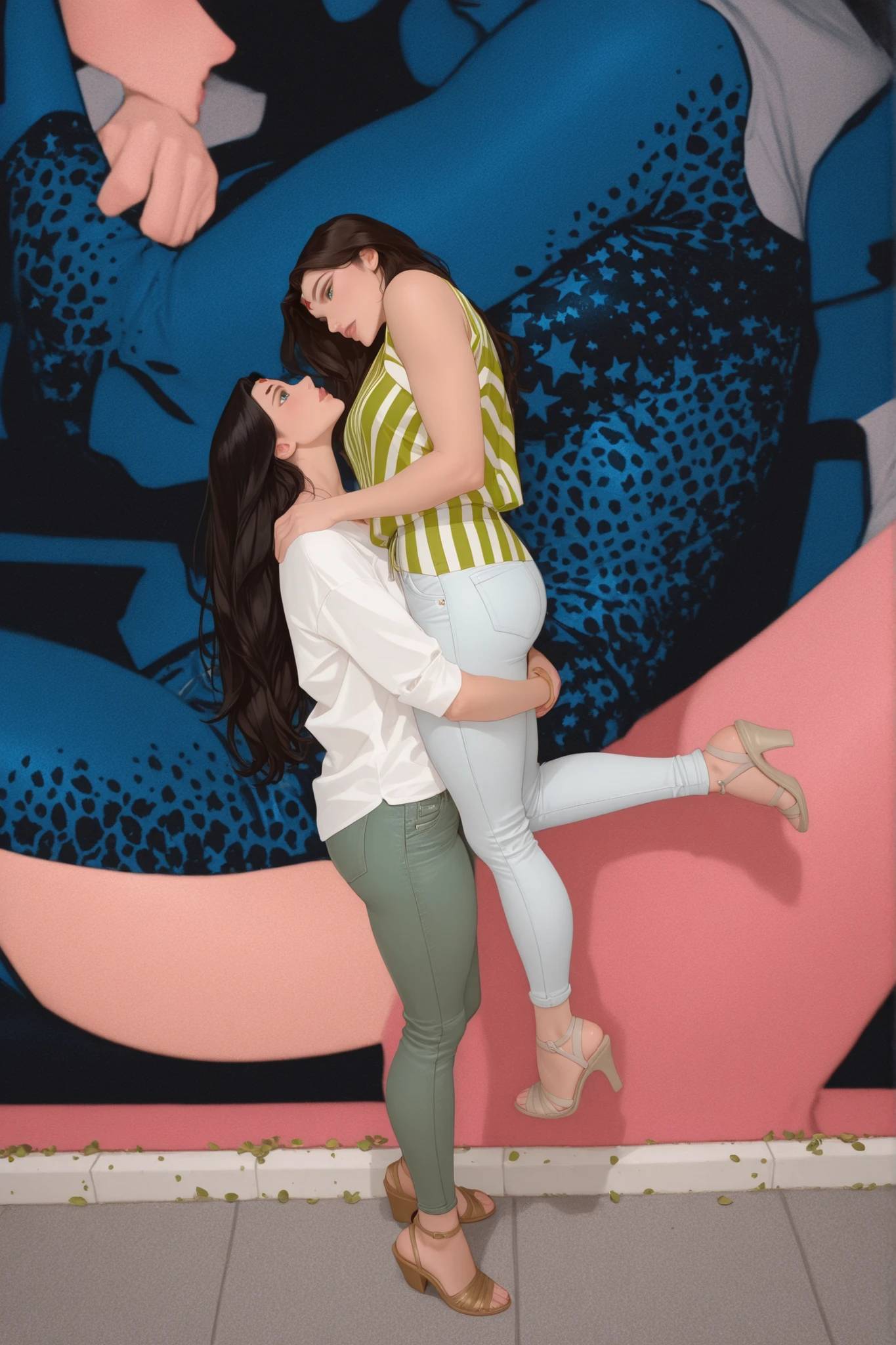 2girls, lesbian love, wonder woman on the right wearing a white jeans and orange striped top is picked up by her girlfriend wearing a white shirt and olive green jeans, best quality, perfect anatomy, perfect hands, perfect face, perfect eyes, perfect lips, perfect hands, perfect legs