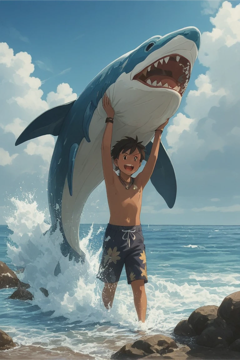 A boy catches a giant tuna while fishing