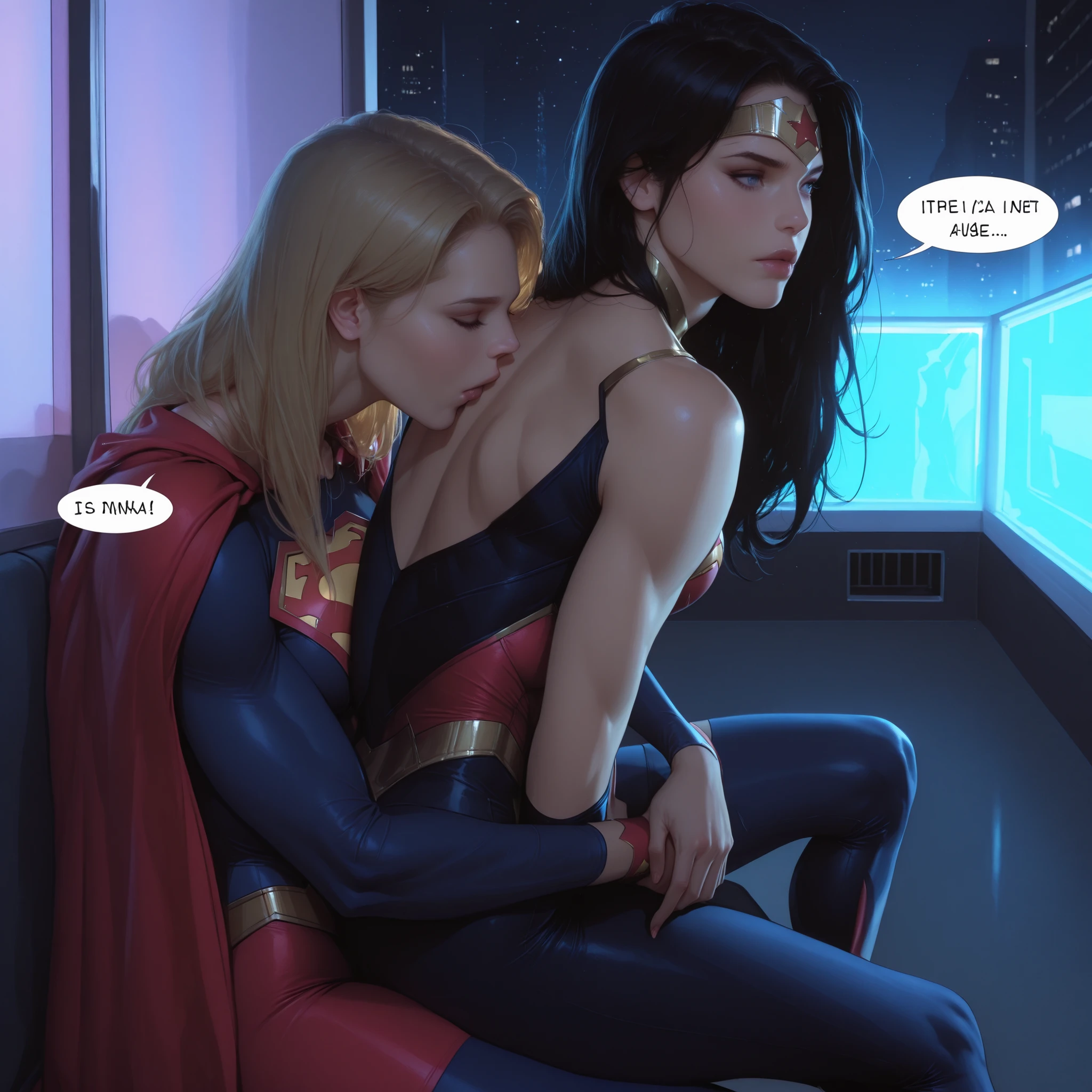 generate a semi-realistic style image, 2girls, in love, wonder woman wearing a black backless dress is sitting on the lap of her girlfriend supergirl who is wearing her superhero costume with red cape, supergirl is holding her gently and kissing her back, break, perfect anatomy, best quality, perfect eyes, perfect face, perfect hands, perfect legs, masterpiece
