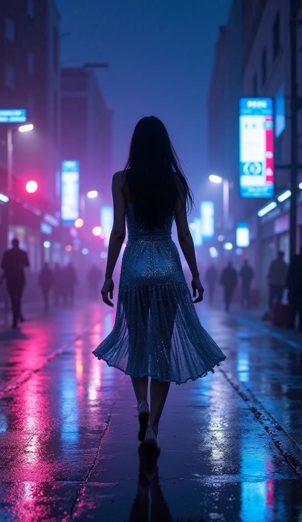Front view of a beautiful woman dancing on the street in the night. Spot light on her. Long dark hair, metallic dress, lights on the street, rain, wet floor. . . The atmosphere is mystical. The image is ultra-detailed and of high quality 
Shiny light, evening, violet blue metallic  atmosphere 