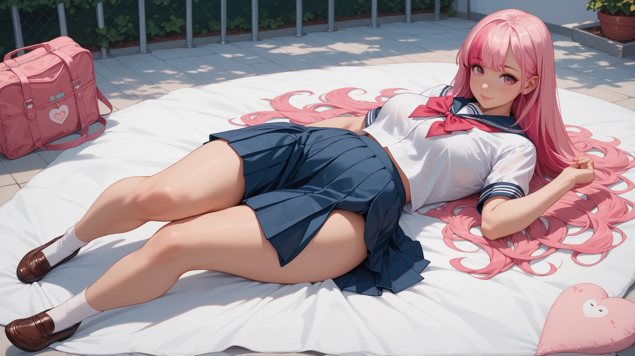 cute girl, school uniform, high quality, legs spread posture, pink panties, white knee socks, looking up, legs open, NSFW, realism, realistic,