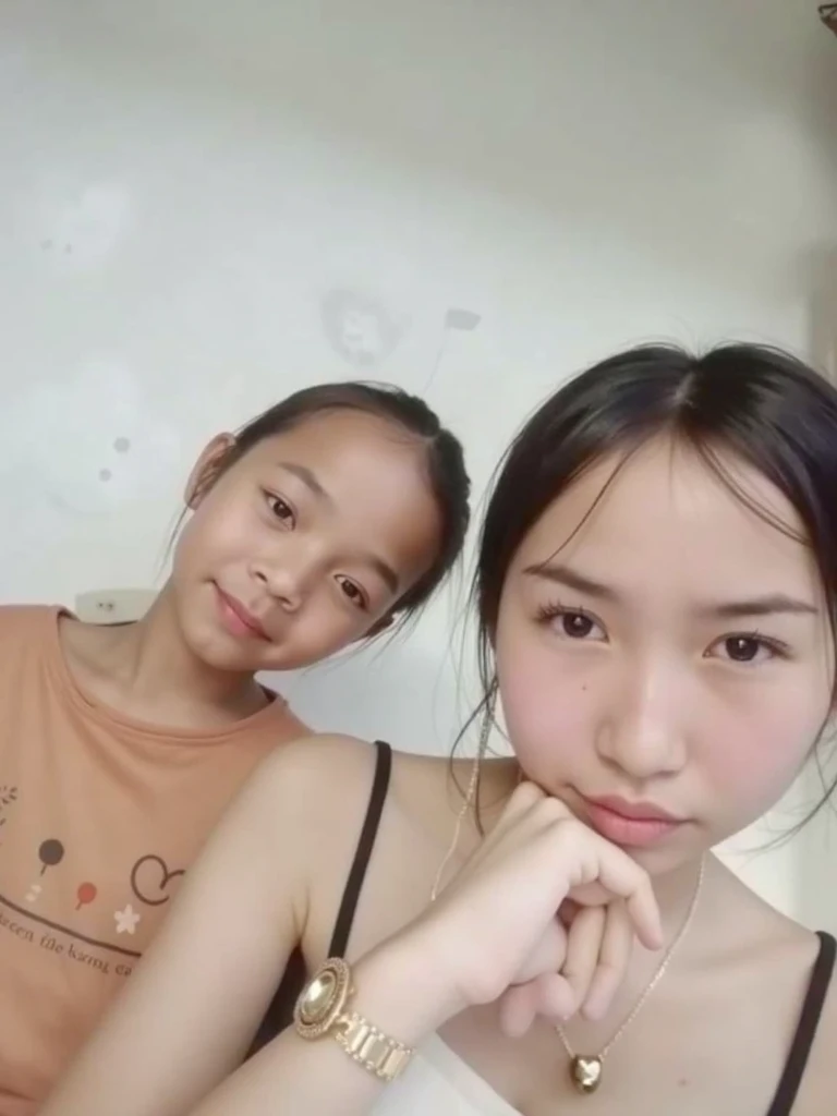 there are two girls that are posing for a picture together, ruan jia and brom, Children, with a kid, ruanjia、Zhong Fenghua, with her long, scandy and arender, Two girls, with ivy, yoshitomo nara and aya takano, gamin, dang my linh, profile pic, sisterhood