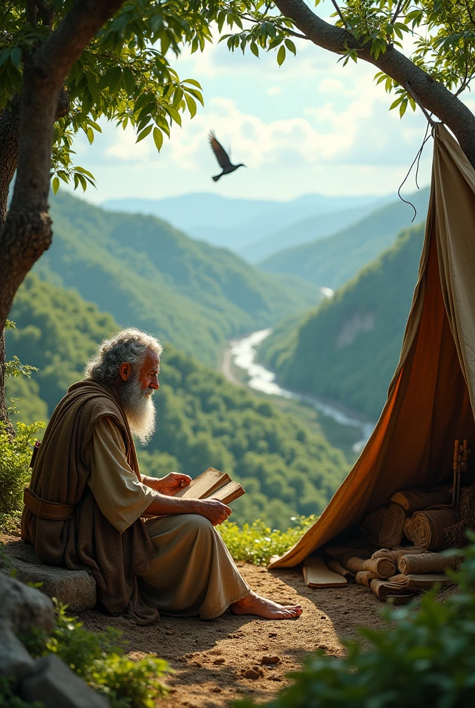 The camera opens on a lush, ancient landscape. Rolling hills, dense forests, and a river cutting through the valley. Birds soar across the sky, and the sound of gentle rustling leaves fills the air. The camera slowly zooms in on Noah, an older man with weathered features, sitting in a modest tent, studying a set of scrolls.
