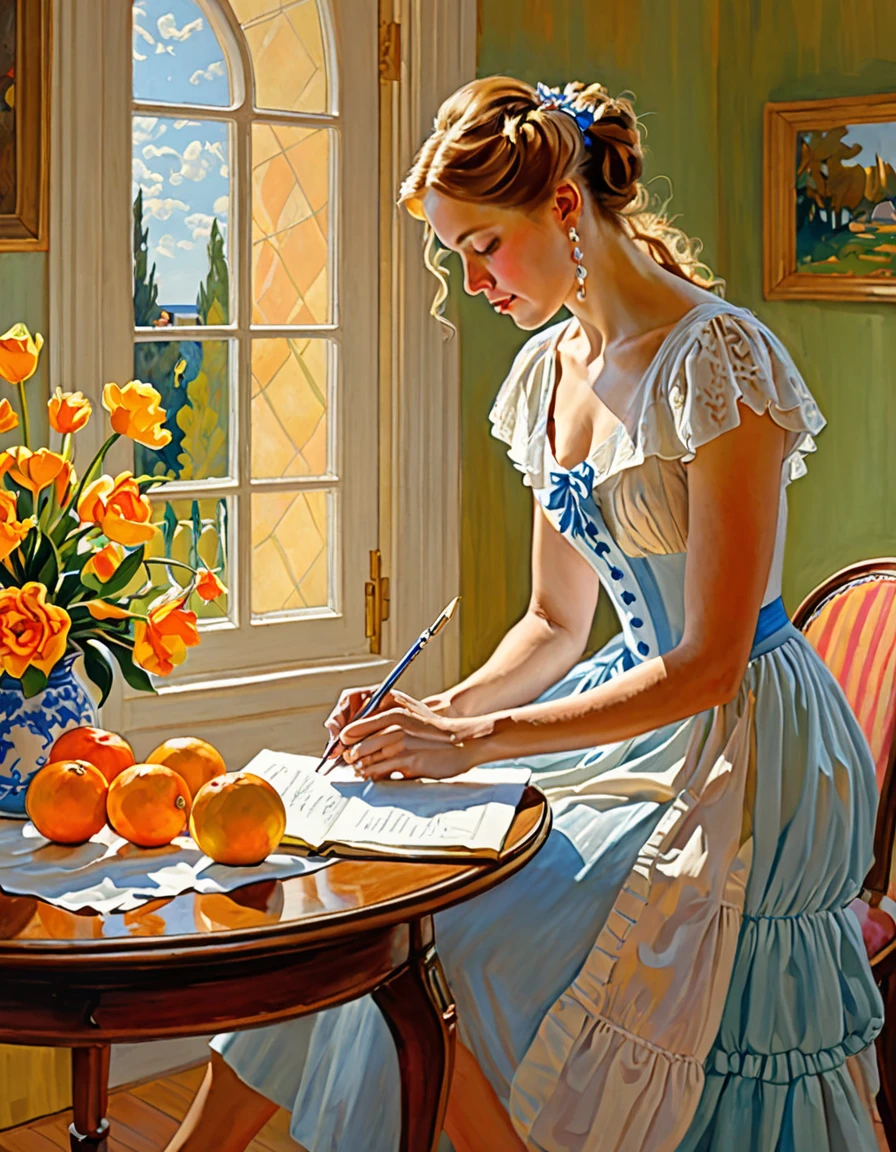 Impressionist conceptual art for Linguvera, Carne Griffith`s distinctive linear work Drenched in Vadim Kashin's bold textures, evokes the ephemeral quality, characteristic of Carl Larsson's works, incorporating dynamic elements à la Sean Connery, rendered in soft pastel colors, Elegant shapes, projects creating a sense of drama thanks to the skillful use of chiaroscuro,  . Fluent Writing, bright color,  play of light and shadow , captivating, not the form