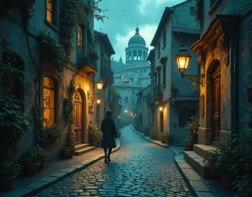 cobblestone street with a lamp post and potted plants, cobblestone streets, cobblestone street, cobblestone roads, quaint village, by Romano Vio, ancient city streets behind her, baroque winding cobbled streets, cobblestone road, narrow and winding cozy streets, street at night, street of teal stone, on a street at night, by Alessandro Galli Bibiena