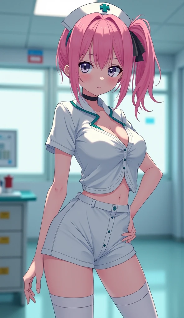 best quality,4k,8k,highres,masterpiece:1.2),ultra-detailed,(realistic,photorealistic,photo-realistic:1.37) two beautiful pink haired nurses in a hospital room, sexy nurse outfit, cleavage, slim body